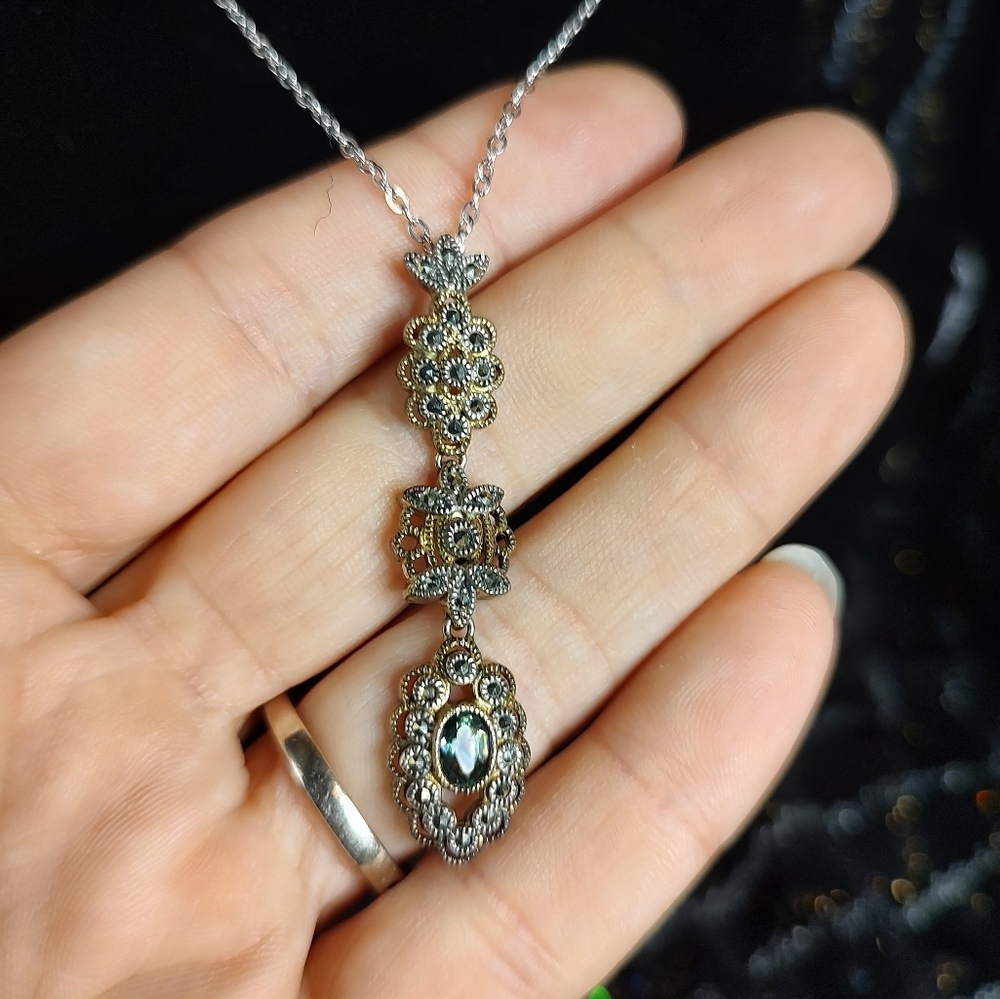 Judith Jack Necklace 925 Sterling Silver Triple Drop Marcasite